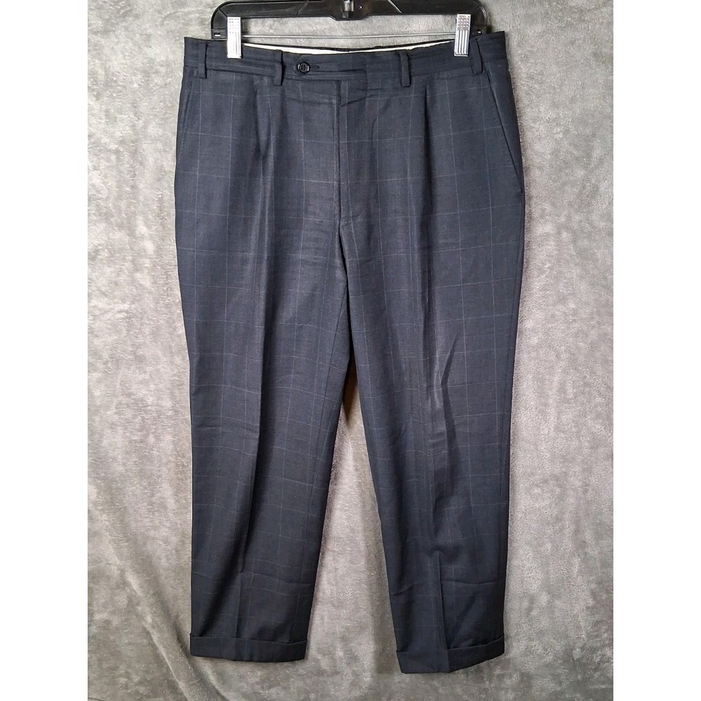 Canali Dress Pants Mens 34x28 Charcoal Gray Windowpane Cuffed Suit Pants